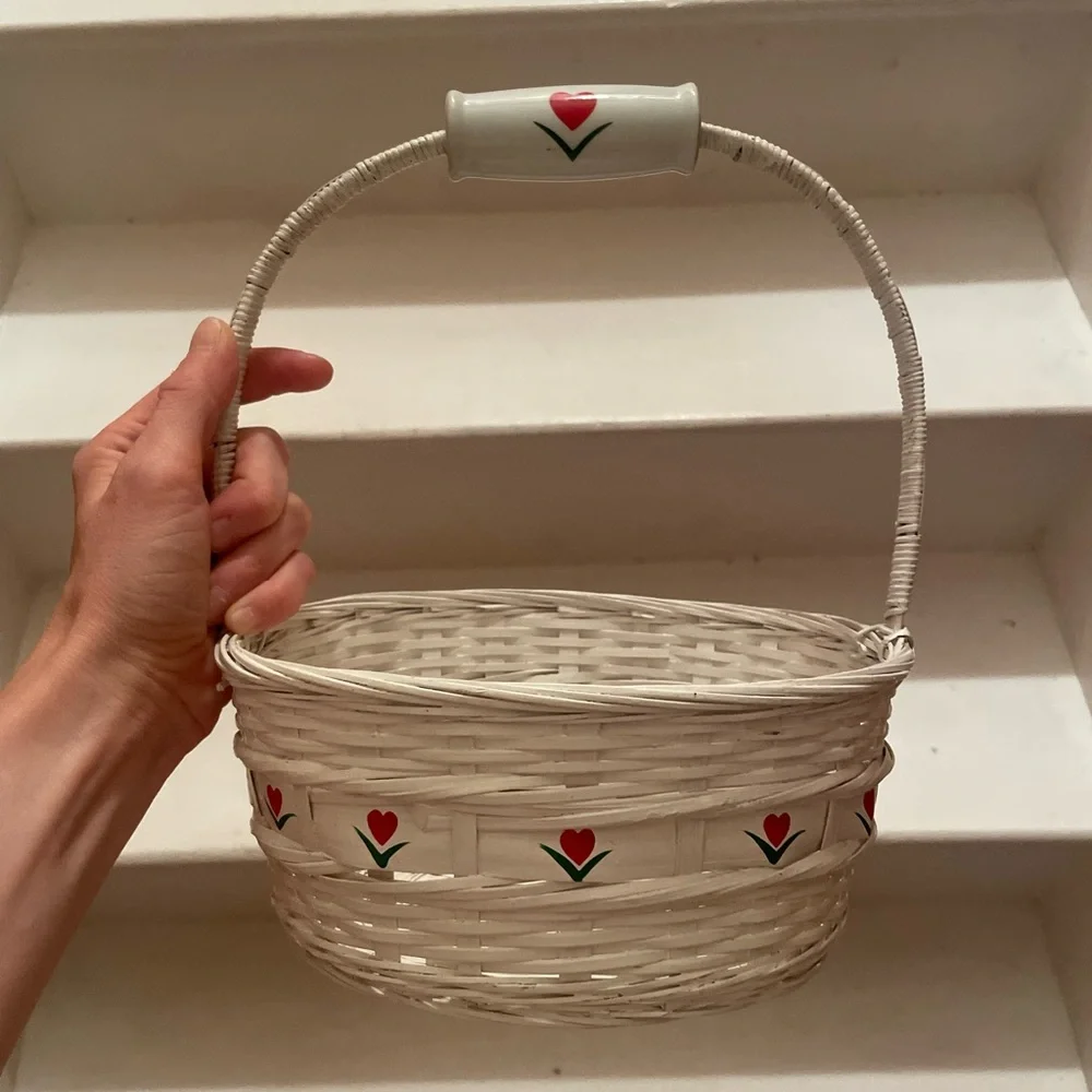 Vintage White Woven Basket with Red Ceramic Heart Handle